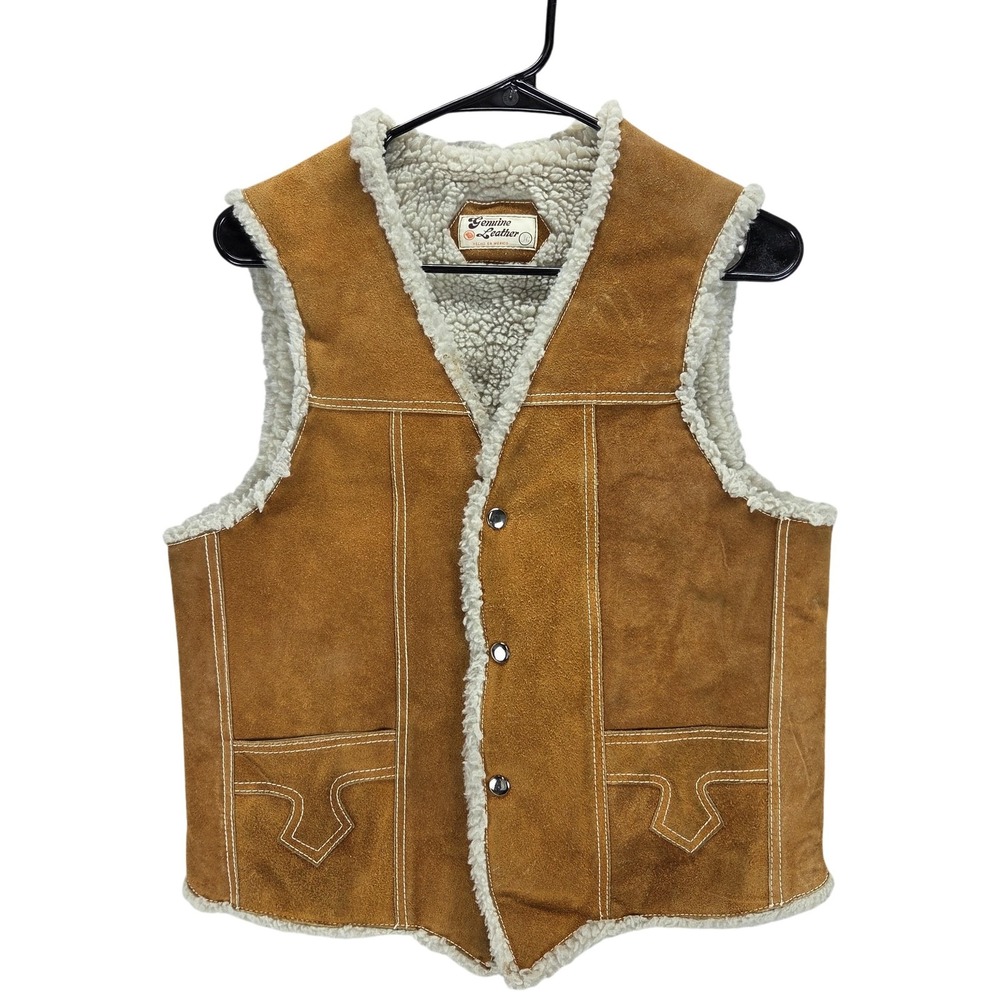 Vintage Genuine Leather Vest Mens 36 Brown Suede Sherpa Lined Western Cowboy